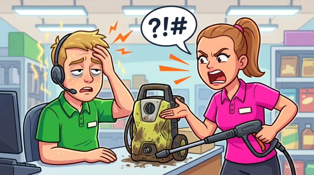 An entitled customer loudly insisted on returning a filthy power washer without a receipt, claiming loyalty and ignoring store policy
