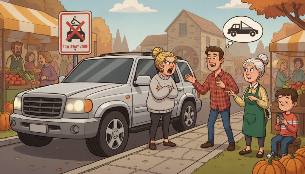A woman refused to move her SUV from a farmer’s market emergency entrance, citing her son’s sensitive ankles, until I invented a rapid tow truck arrival
