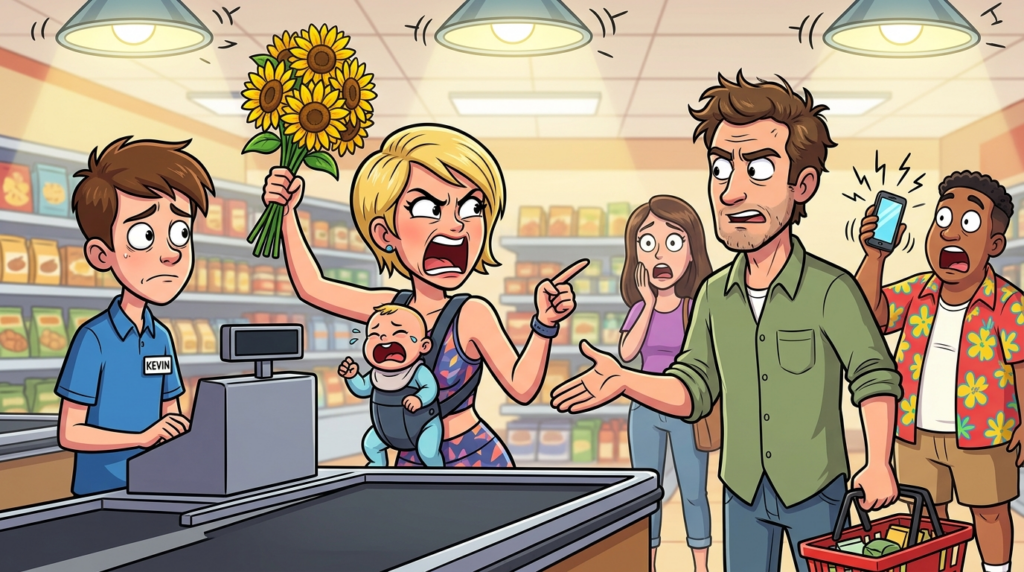 An entitled shopper demanded free sunflowers because the usual cashier was absent, then argued with staff and another customer about perceived wilting