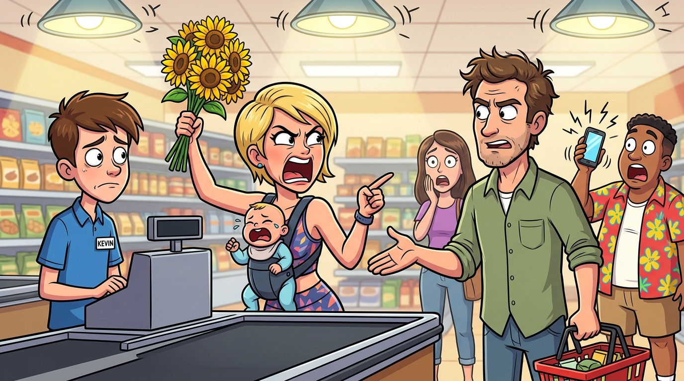An entitled shopper demanded free sunflowers because the usual cashier was absent, then argued with staff and another customer about perceived wilting