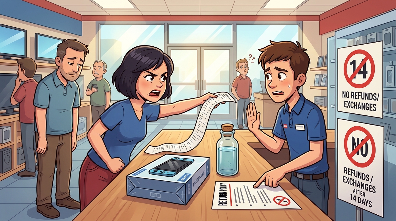 An Electronics Store Employee Faced a Customer Adamantly Demanding a Sealed Console Return One Day Beyond the Strict 14-Day Policy