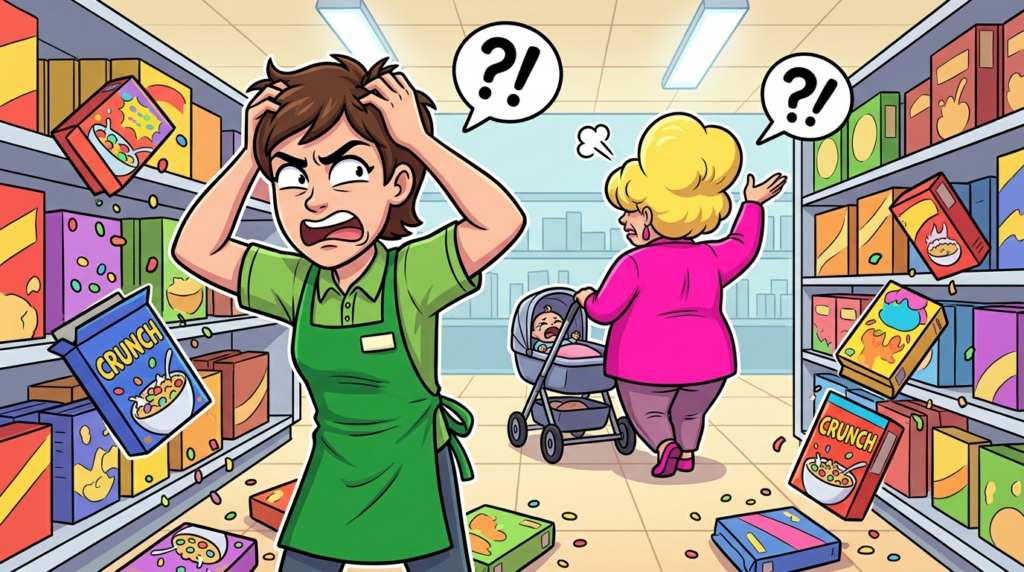 A grocery store customer demanded a specific granola for her baby, trashing the aisle and verbally accosting another shopper