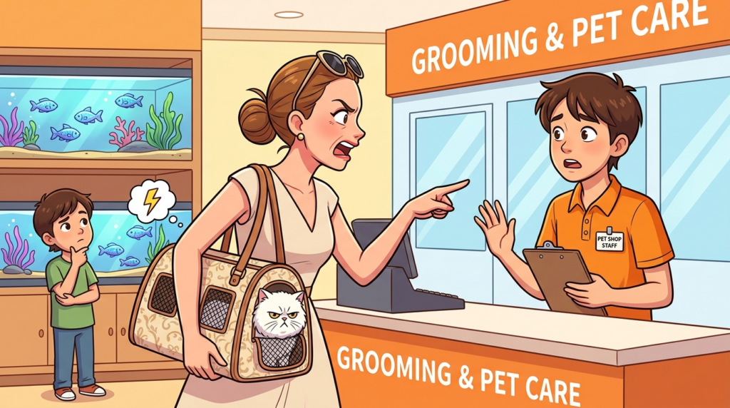 An Entitled Woman Demanded Immediate Free Grooming for Her Cat in a Pet Shop, Until a Stranger’s Subtle Compliments About Her Intelligence Strangely Diffused the Standoff
