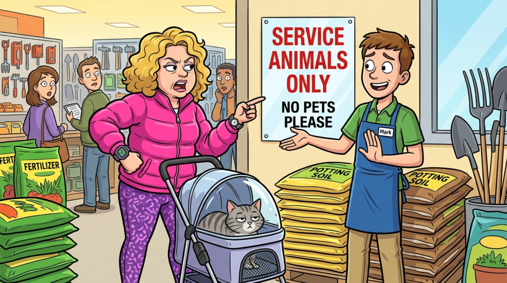 A woman in a bright pink jacket wheels her cat in a baby-like stroller past a “no pets” sign at a hardware store, defying a polite employee