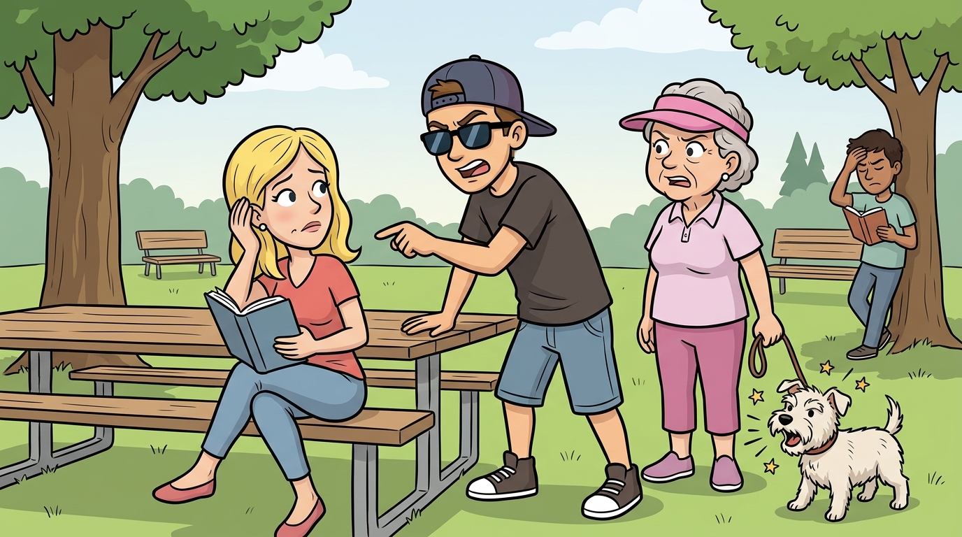 A self-important man demanded a public picnic table for his important call, supported by a woman whose yapping dog relentlessly tormented my noise sensitivity