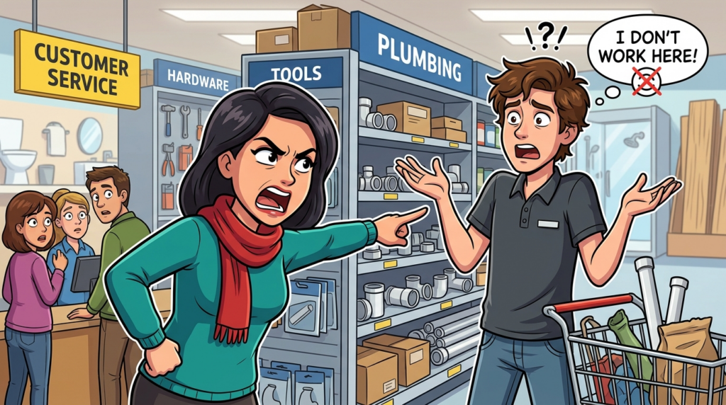 A shopper in a hardware store demanded I help find kitchen faucets while I was on my own shopping trip