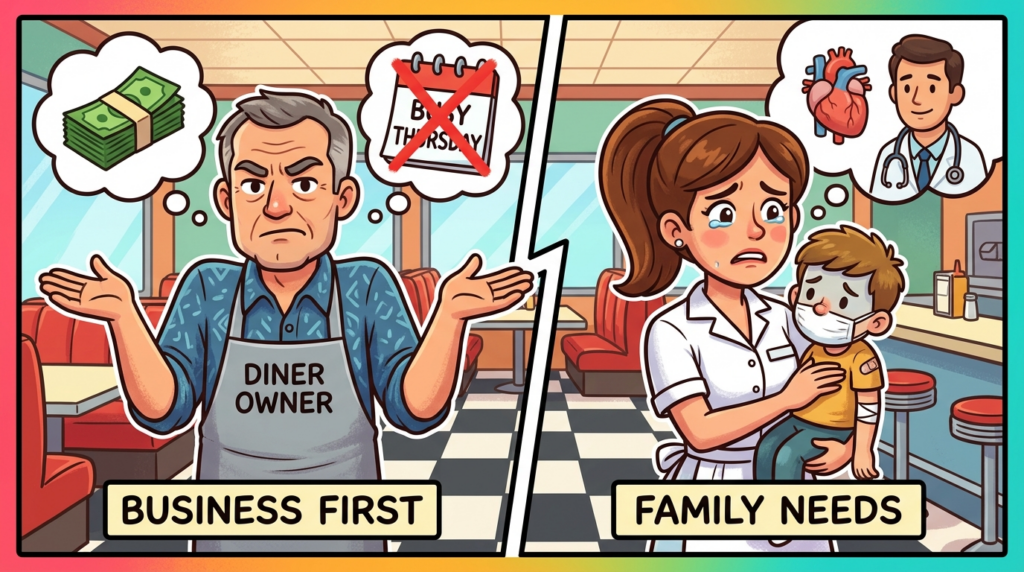 Am I the Jerk for firing a waitress who chose her sick son’s appointment over a critical workday?