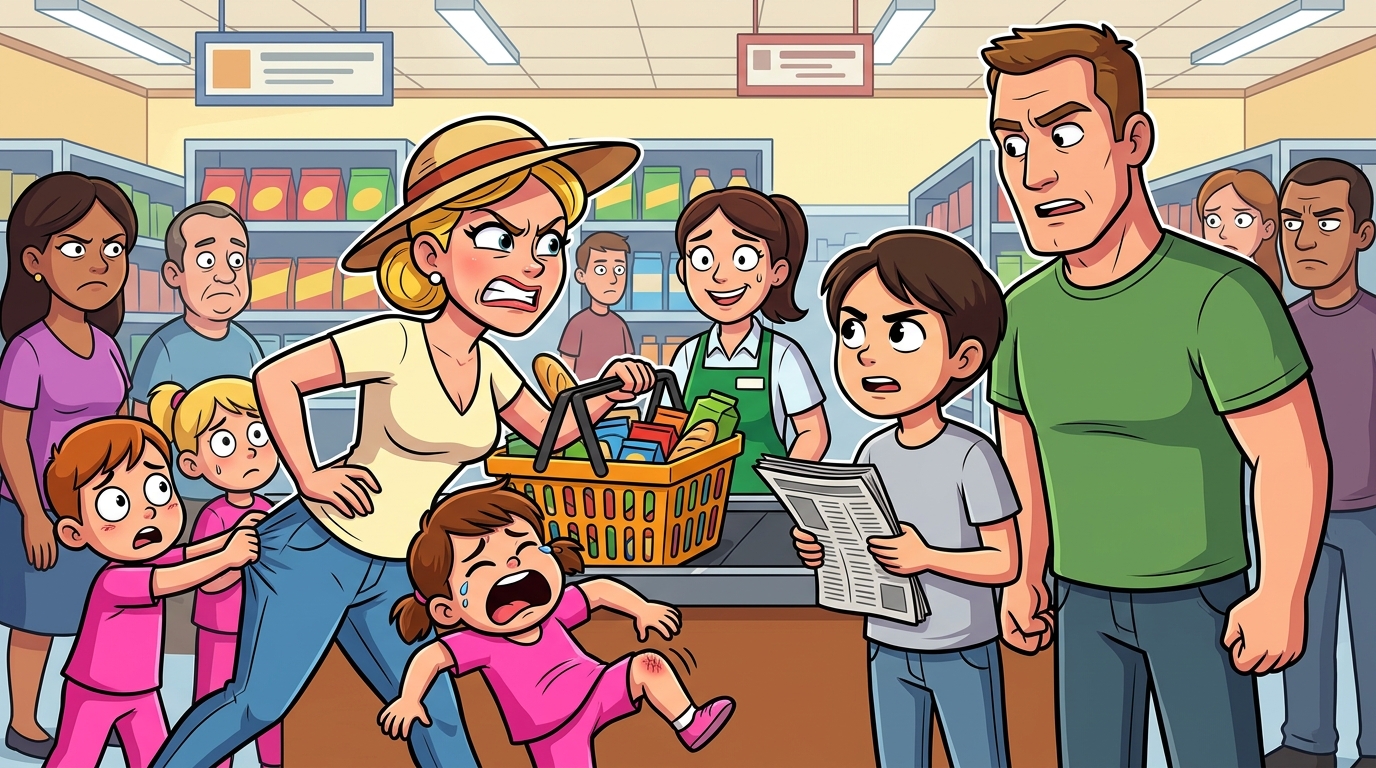 A Mother with Loud, Matching-Outfit Children Brazenly Cuts a Long Grocery Line, Declaring Rules Do Not Apply to Her