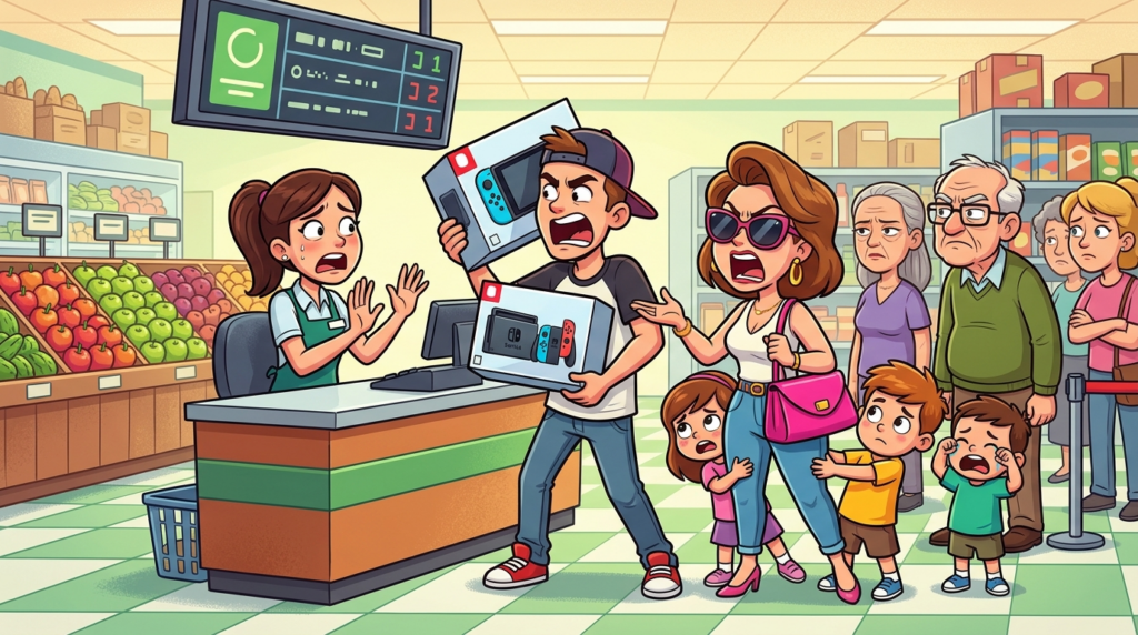 A Grocery Store Cashier Caught Between a Man Demanding a Free Gaming Console and an Entitled Mother Insisting on Immediate Juice Boxes for Her Children