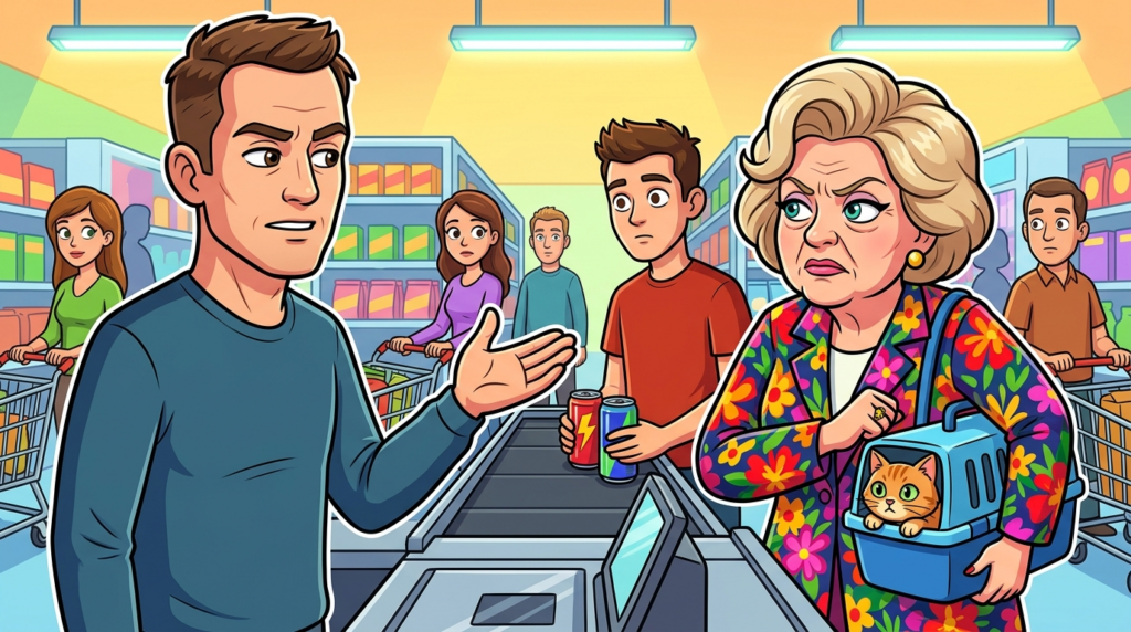A floral-clad woman with a ginger cat brazenly cut the grocery express line, but my historical lecture on queues prompted her bizarre, feigned retreat