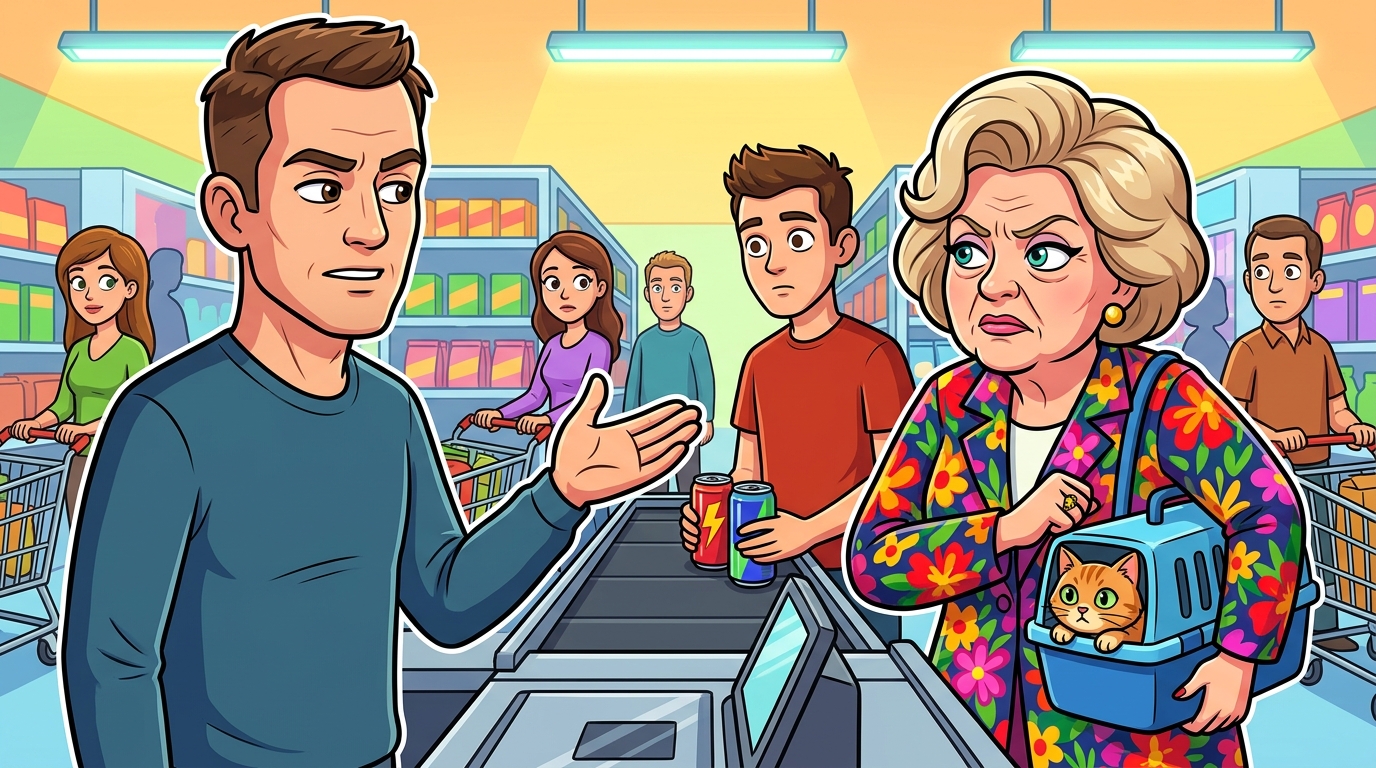 A floral-clad woman with a ginger cat brazenly cut the grocery express line, but my historical lecture on queues prompted her bizarre, feigned retreat