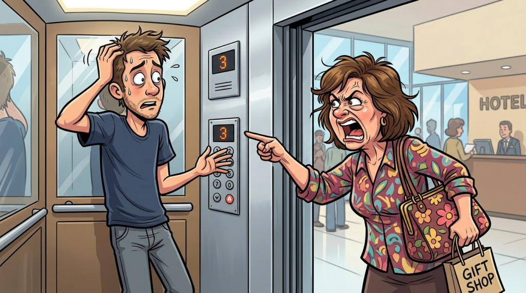 A Tired Hotel Guest Was Physically Trapped in an Elevator by an Entitled Woman Demanding Help Finding a Gift Shop Mug