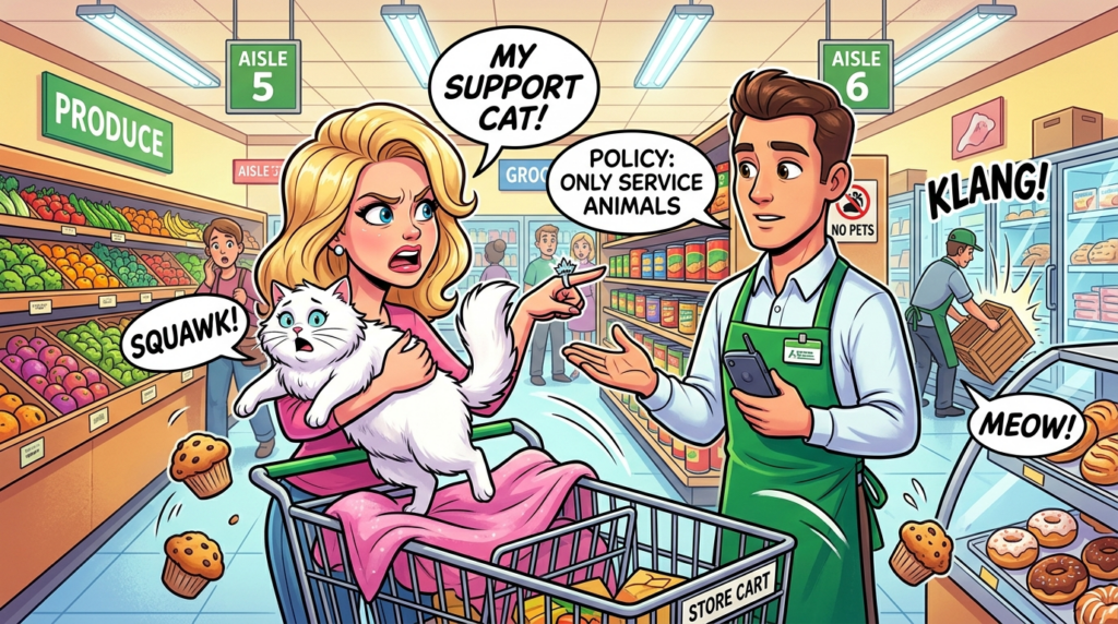 A grocery store employee confronts a woman with a sparkly tiara ring who insists her fluffy white emotional support cat belongs inside a shopping cart