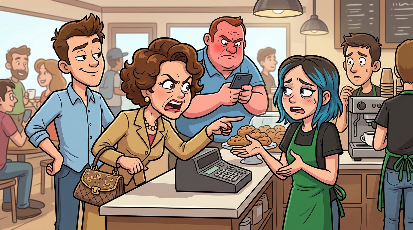 An entitled mother loudly demands a barista remake her adult son’s coffee for incorrect foam, as he smirkingly observes