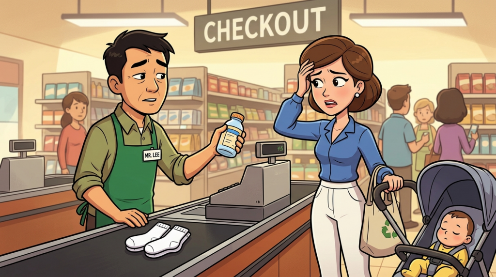 A customer insisted on free costly baby formula, claiming an unverified manager’s promise after her infant’s tantrum over diapers