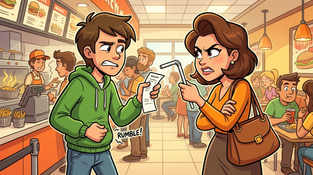 A hungry customer, just trying to eat, was cornered by an unyielding woman demanding straws and keys
