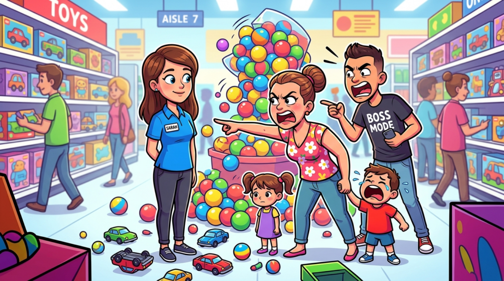A mother demanded free robot and princess toys after her child caused a toy display to fall, then a stranger amplified her complaints before the boy made a second massive bouncy ball mess, and she oddly recoiled from cleaning fumes