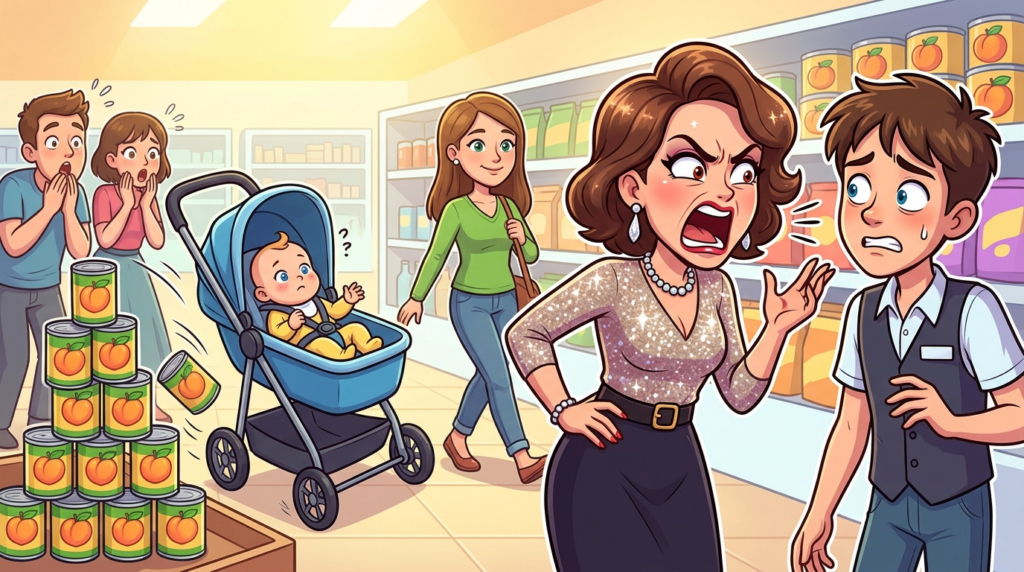 A self-important mother loudly blamed a teen grocery employee when her unattended baby’s stroller rolled into a peach display