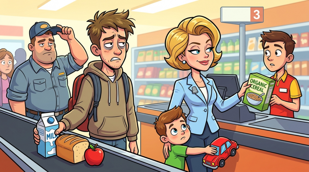 A woman in a tailored blue blazer brazenly demanded to cut the entire grocery checkout line with one cereal box for her “tired” son