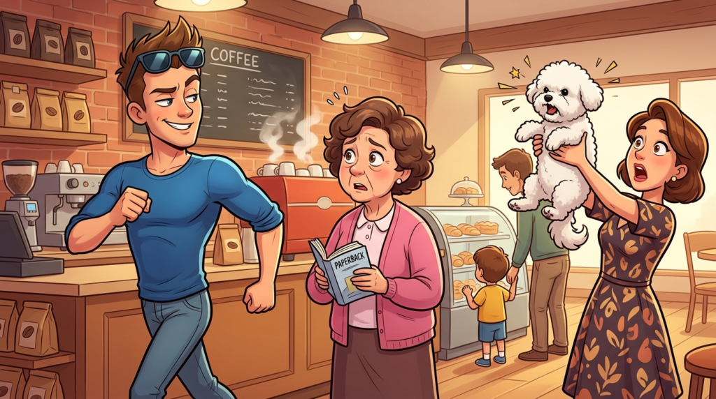 A brazen young man cut the coffee shop line, then exploited a dramatic woman’s false service animal claim to get his order