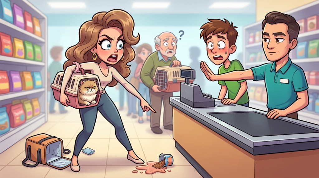 A young woman demanded immediate pet store service for her Persian cat’s critical grain-free salmon pate, cutting an elderly man