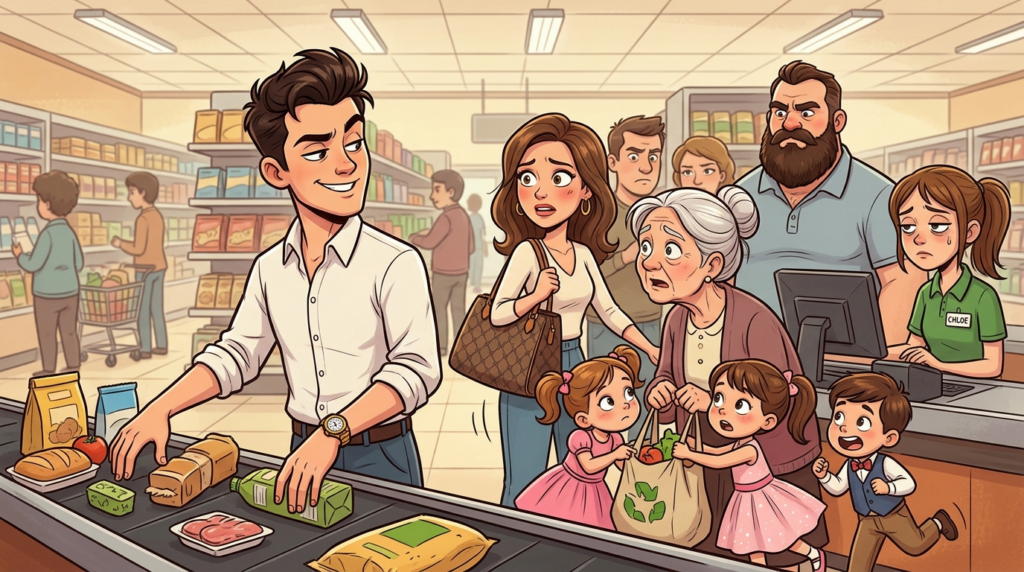 A Brazen Young Man and His Chaotic Family Cut a Grocery Store Line, Dismissing Everyone Until a Child’s Loud Phone Forced His Retreat