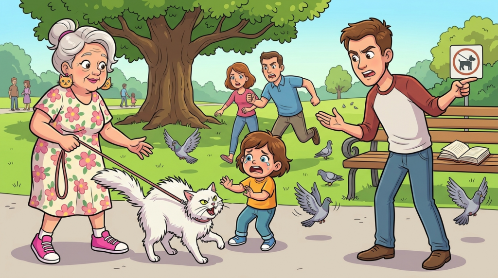 A woman’s bizarre insistence that her long-leashed “special” cat deserved to freely roam a public park, disturbing a reader and terrifying a child