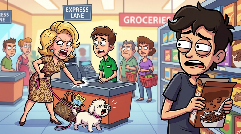 An entitled woman with a pampered dog demands express checkout for her pet’s celebration champagne, screaming discrimination for her stressed companion