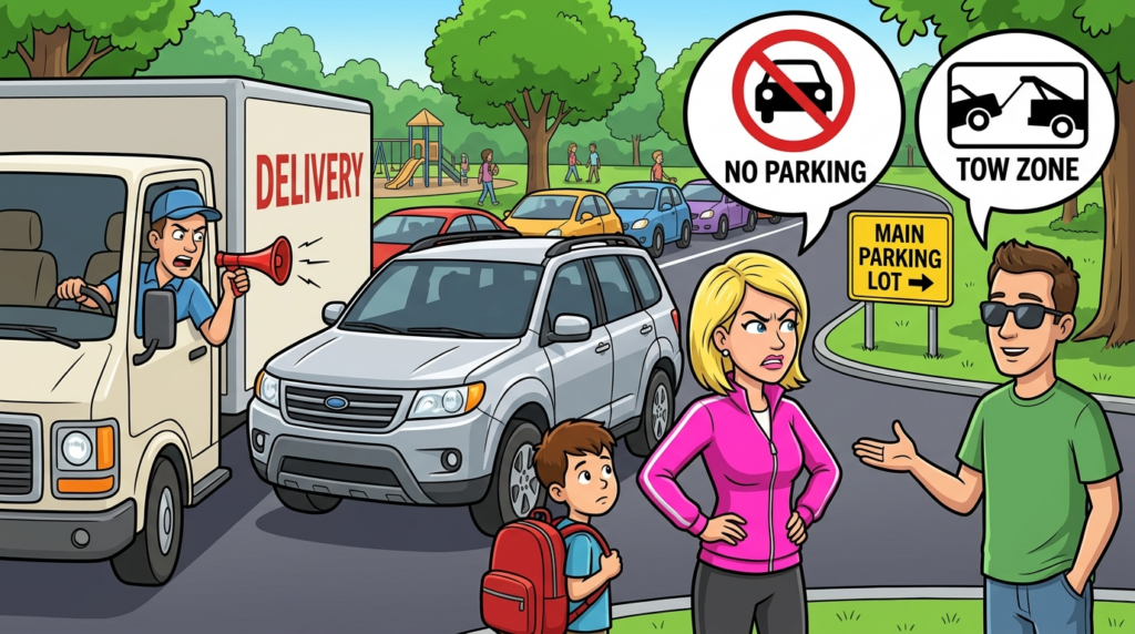A woman abandoned her SUV in a park’s tow-away zone, blocking traffic, until I persuaded her about her child’s backpack being towed