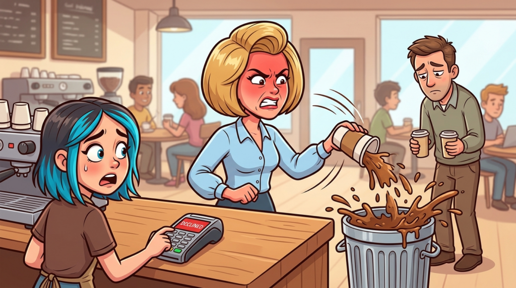 A customer furiously demanded a refund and a free latte over insufficient foam, rejected a remake, then poured her drink into the trash and demanded another free coffee
