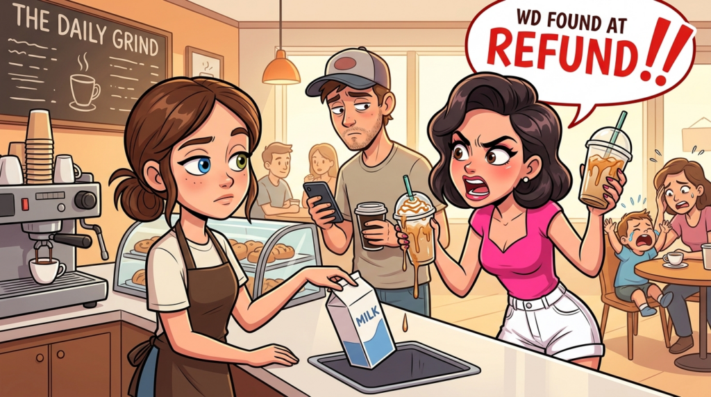 A young woman demanded a full refund and free remake for her half-consumed custom latte, claiming it tasted “off,” as her boyfriend cited her sensitive palate