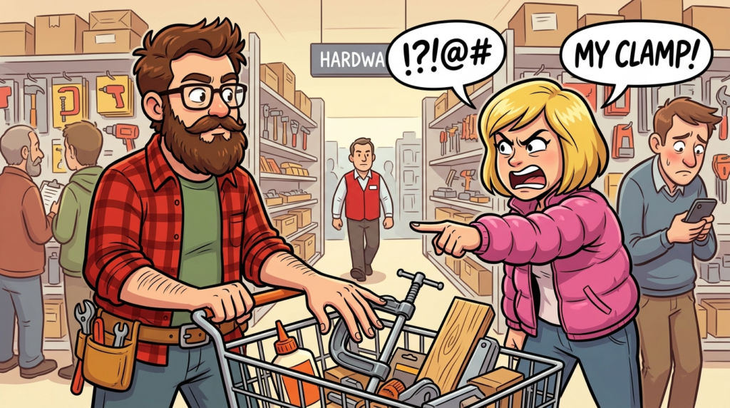 A woman in a crowded hardware store demanded I hand over the last special clamp in my cart, falsely claiming she reserved it for her husband