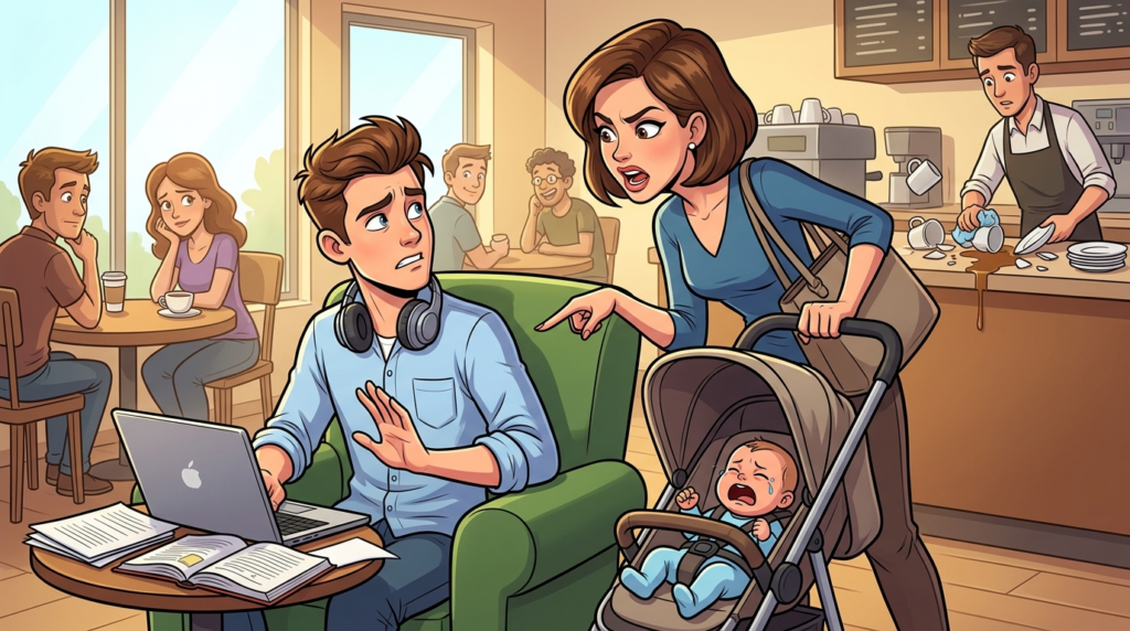 A mother with a baby stroller publicly badgered a polite young man to surrender his comfortable coffee shop study table, asserting her infant truly needed that prime spot