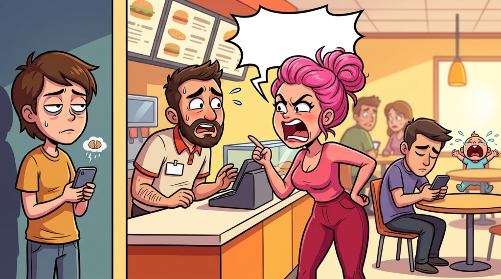 A pink-haired woman caused a loud public scene demanding a free, extra-loaded rice bowl for an unverified cold chicken complaint