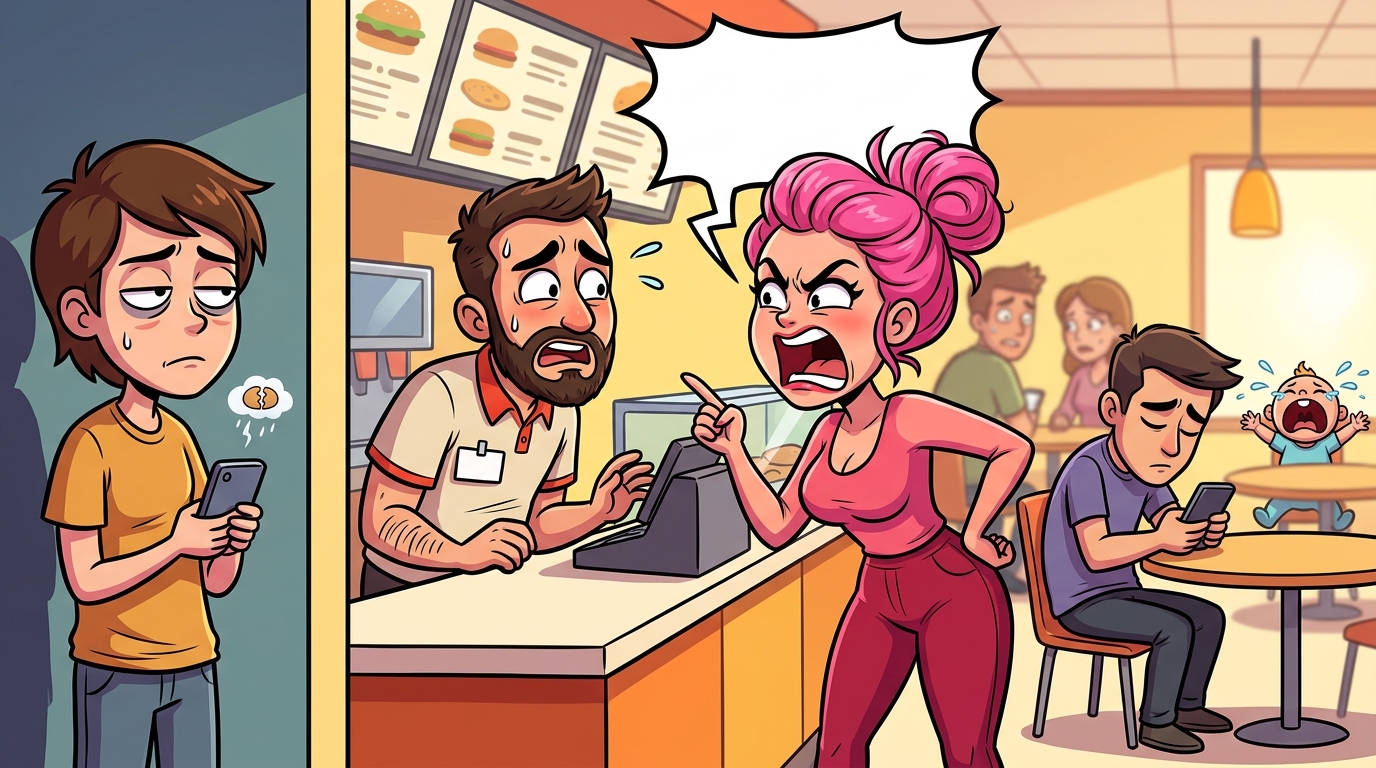 A pink-haired woman caused a loud public scene demanding a free, extra-loaded rice bowl for an unverified cold chicken complaint