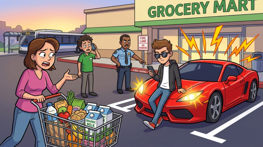 An Arrogant Driver Illegally Parks, Causing a Chaotic Grocery Store Fire Lane Dispute Amplified by a Blaring Car Alarm and Warming Organic Milk