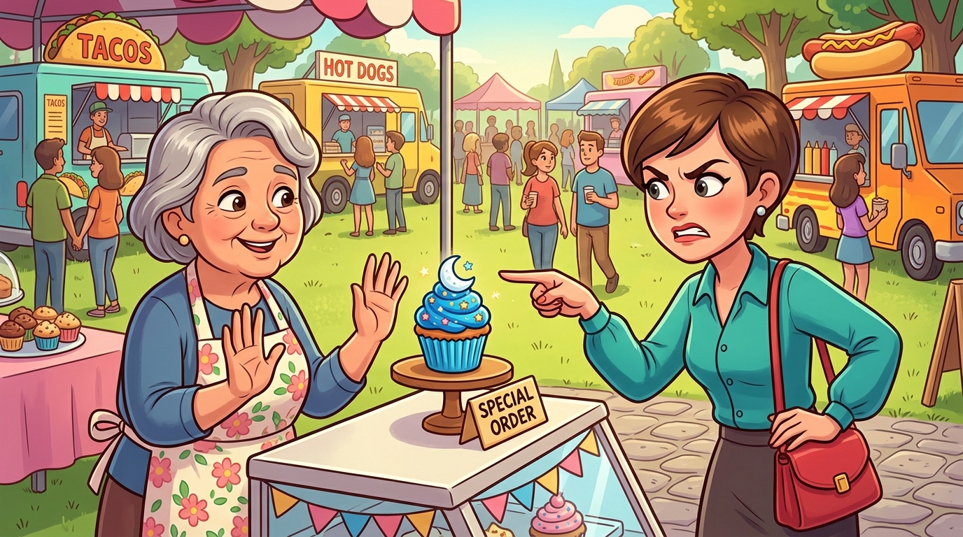 At a crowded food festival, an entitled woman aggressively demanded to purchase a special blue birthday cupcake already reserved for a child, ignoring all reason