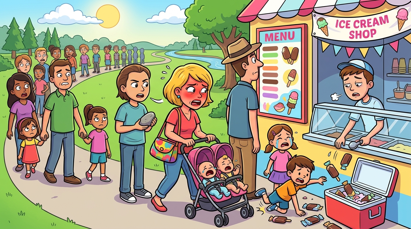 A woman with hot, tired children brazenly demanded to cut a long ice cream line, then angrily blamed the worker when her son tripped and spilled items