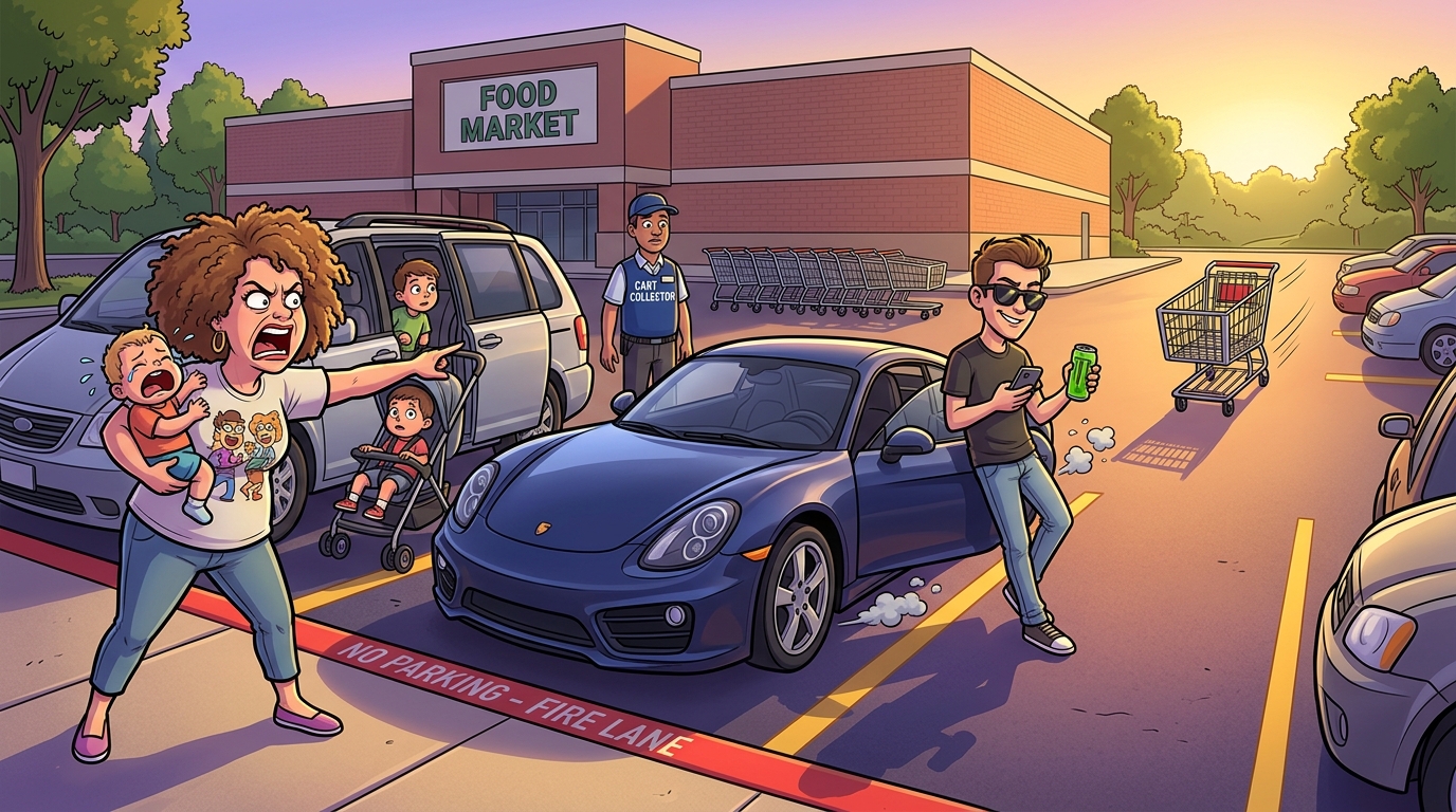 An Entitled Driver Blocked the Fire Lane, Ignoring a Frustrated Mother and Her Crying Children While I Rescued a Runaway Shopping Cart