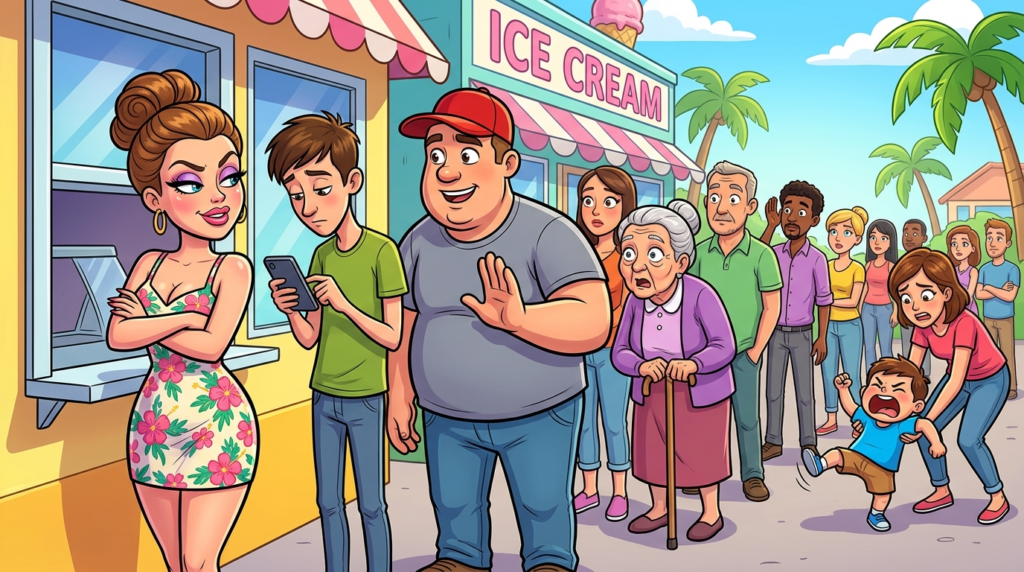 A Self-Important Woman Cut a Sweltering Ice Cream Line Until a Man Bizarrely Suggested Feigning Pity to Get Ahead, Then a Child’s Tantrum Intervened