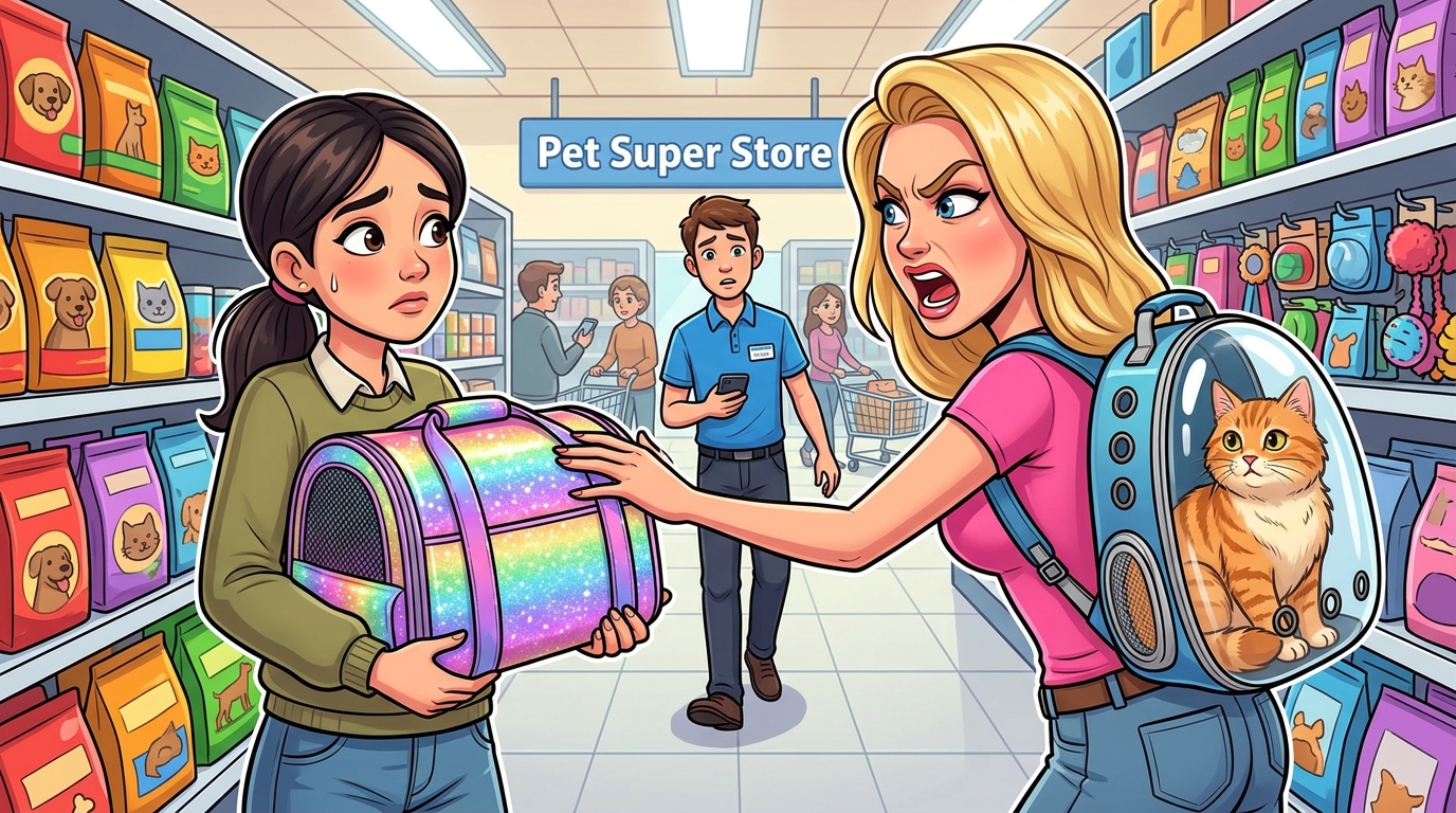 A woman with a “purebred” Persian cat in a bubble backpack bizarrely demanded another customer’s sparkly rainbow carrier, claiming it was her pet’s “destiny” and matched its aura