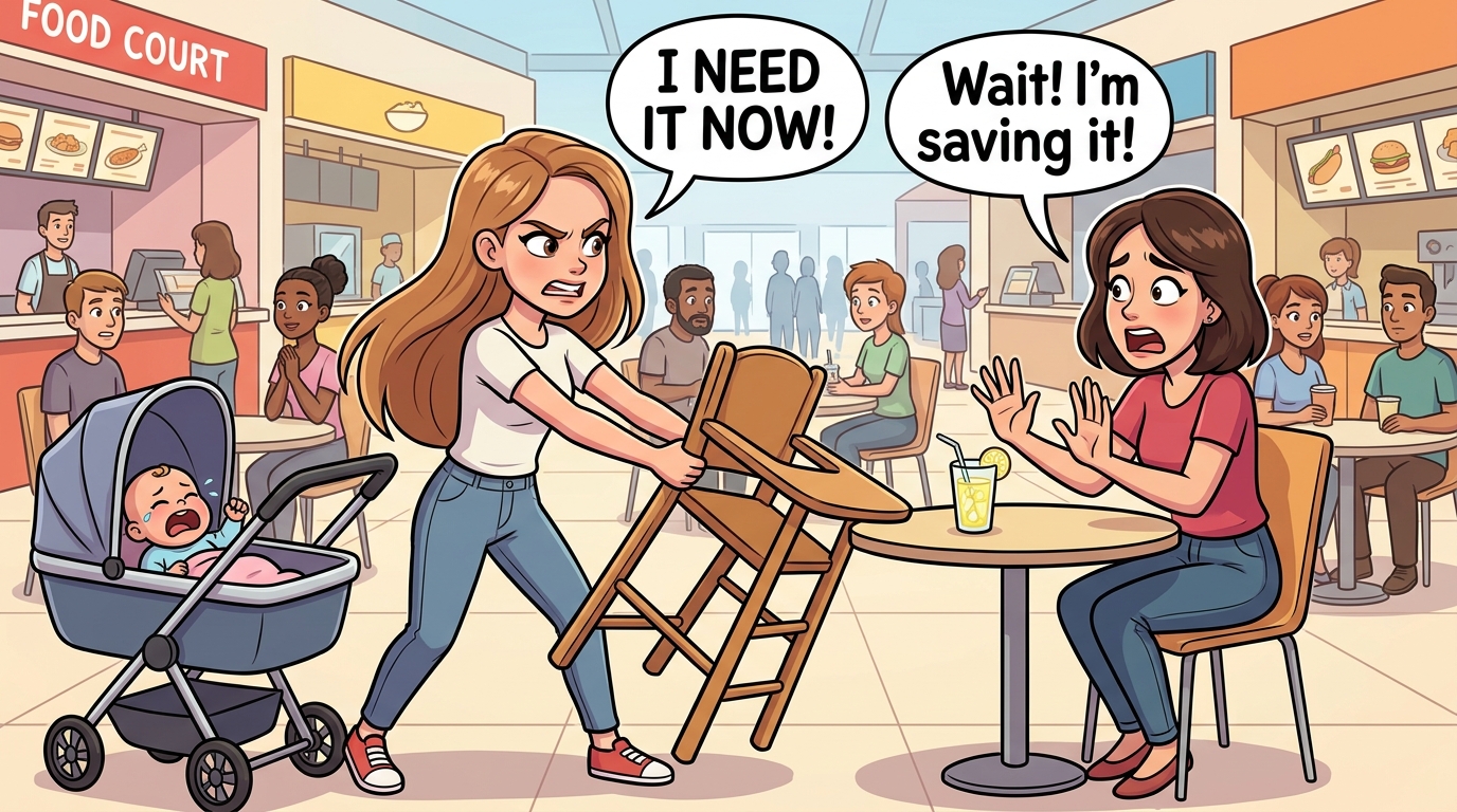 A young woman demanded I give her the specific high chair I was saving for a friend’s niece, ignoring other empty options in the busy food court