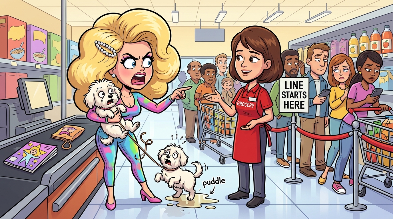 A diligent cashier confronted an entitled young woman who cut a long checkout line, claiming her beauty, then blamed the store when her fluffy dog urinated on the floor