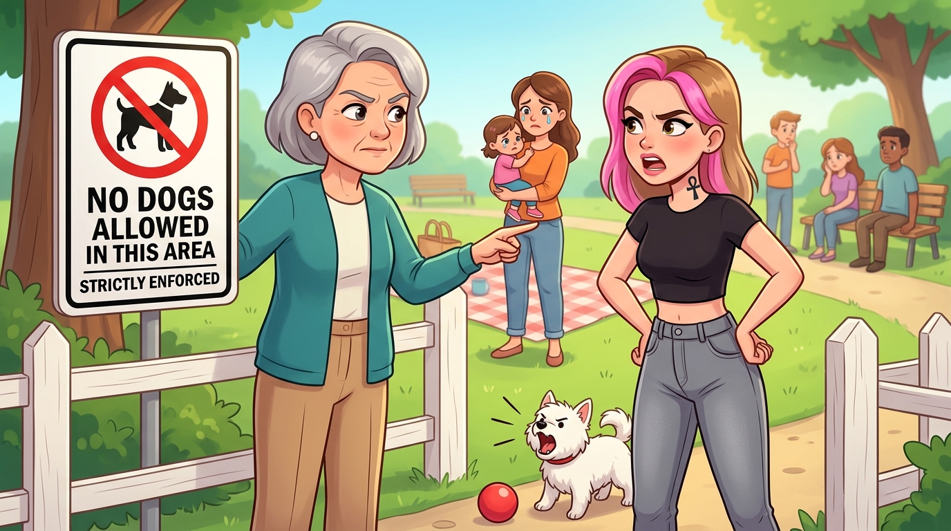 A pink-haired woman brought her unleashed dog into a “NO DOGS” park area, claiming her pet’s freedom was more important than children’s safety, then threatened to film me for speaking up