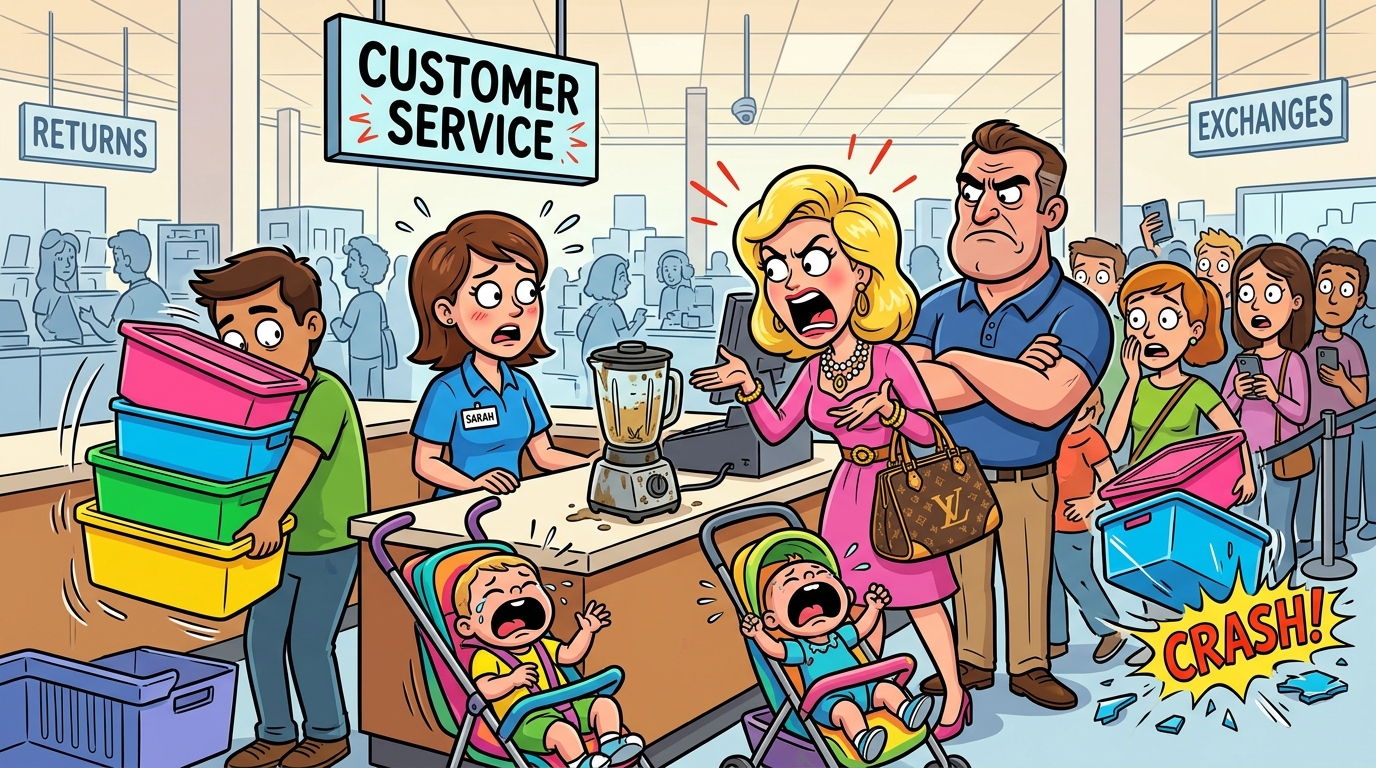 A woman demanded a full refund for her two-year-old broken blender without a receipt, then dramatically embraced dignity after unexpected store noise and an observation.