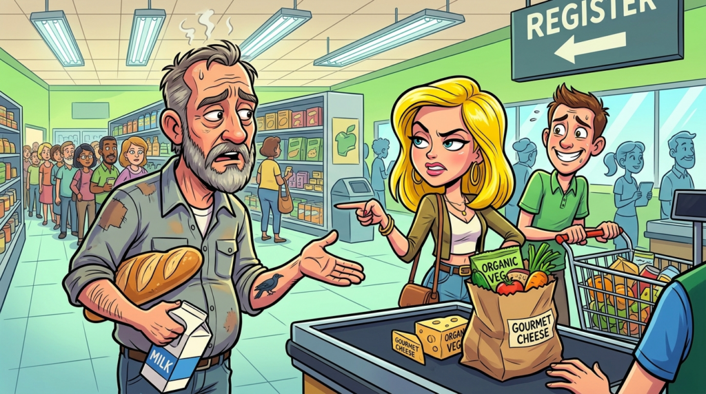 An entitled young woman bizarrely cut a long superstore checkout line, claiming urgent dinner plans and rare dietary needs, only succeeding when the weary man she displaced stepped away for a phone call