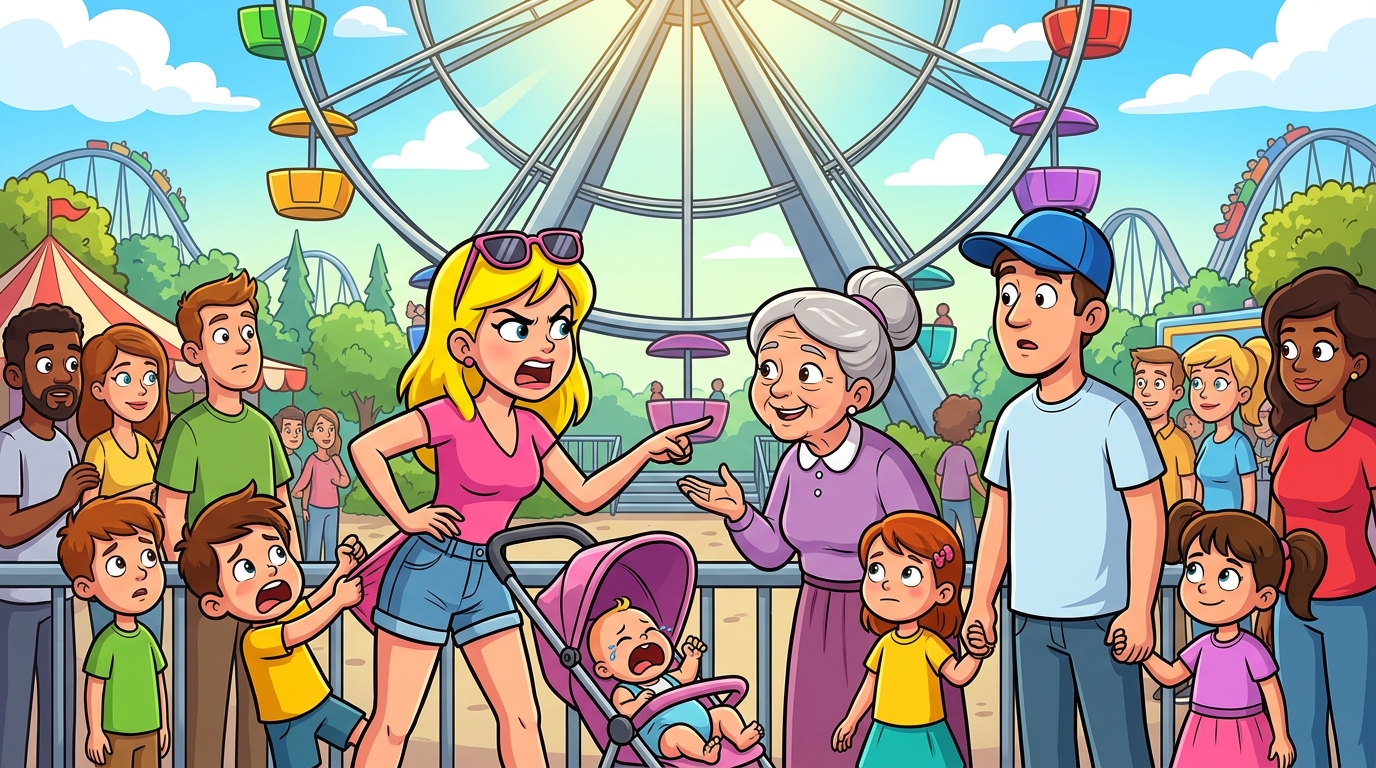 A young mother with three small children loudly attempts to cut a long amusement park Ferris wheel line, declaring her “special” kids cannot possibly wait their turn