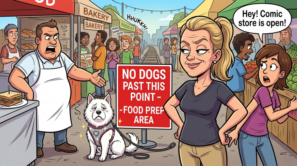 A woman brazenly unleashed her bedazzled dog inside a busy market’s food prep area, then furiously insisted it was a service animal to a frustrated vendor